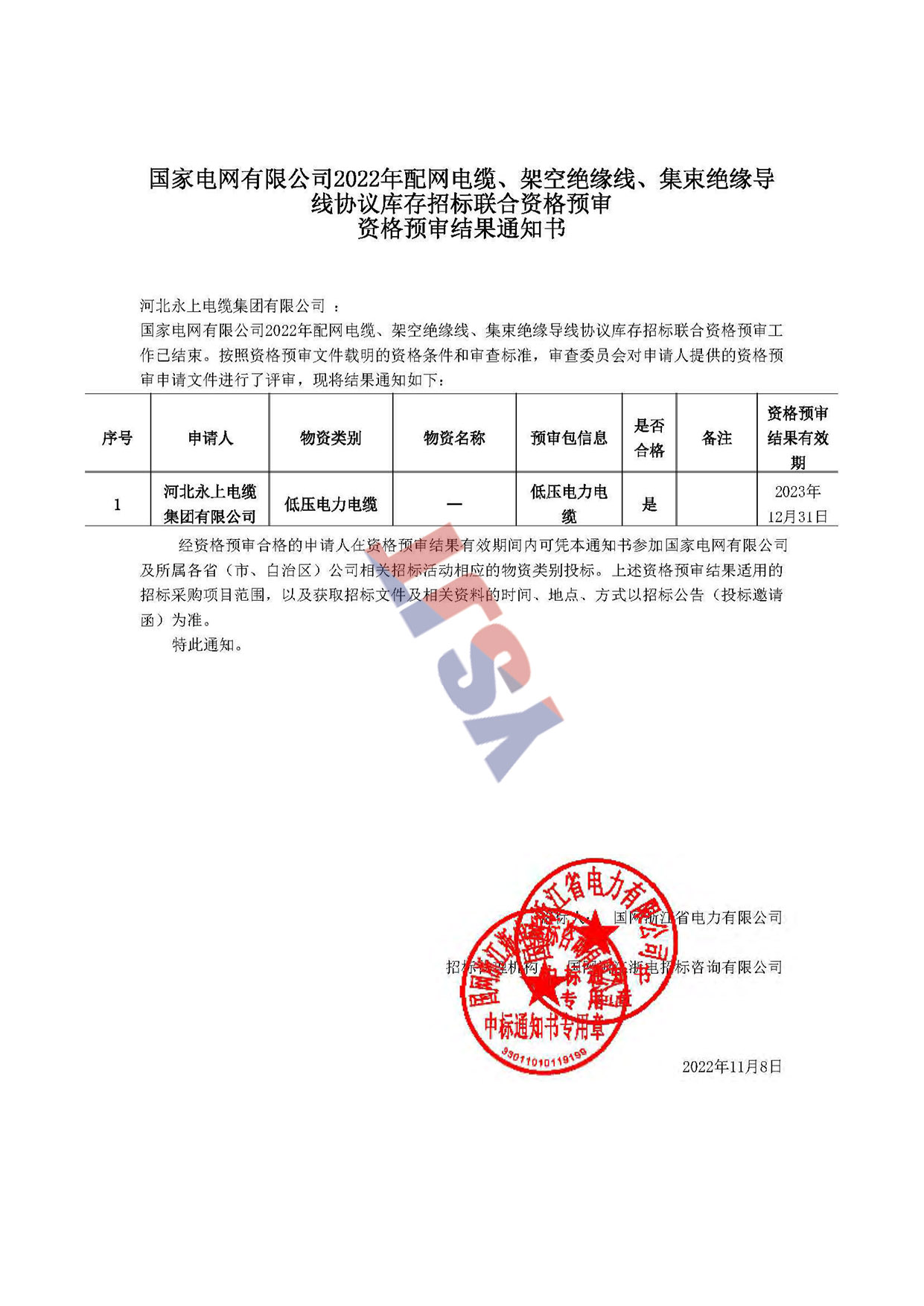 國家電網(wǎng)有限公司2022年配網(wǎng)電纜、架空絕緣線、集束絕緣導(dǎo)線協(xié)議庫存招標(biāo)聯(lián)合資格預(yù)審資格預(yù)審結(jié)果通知書